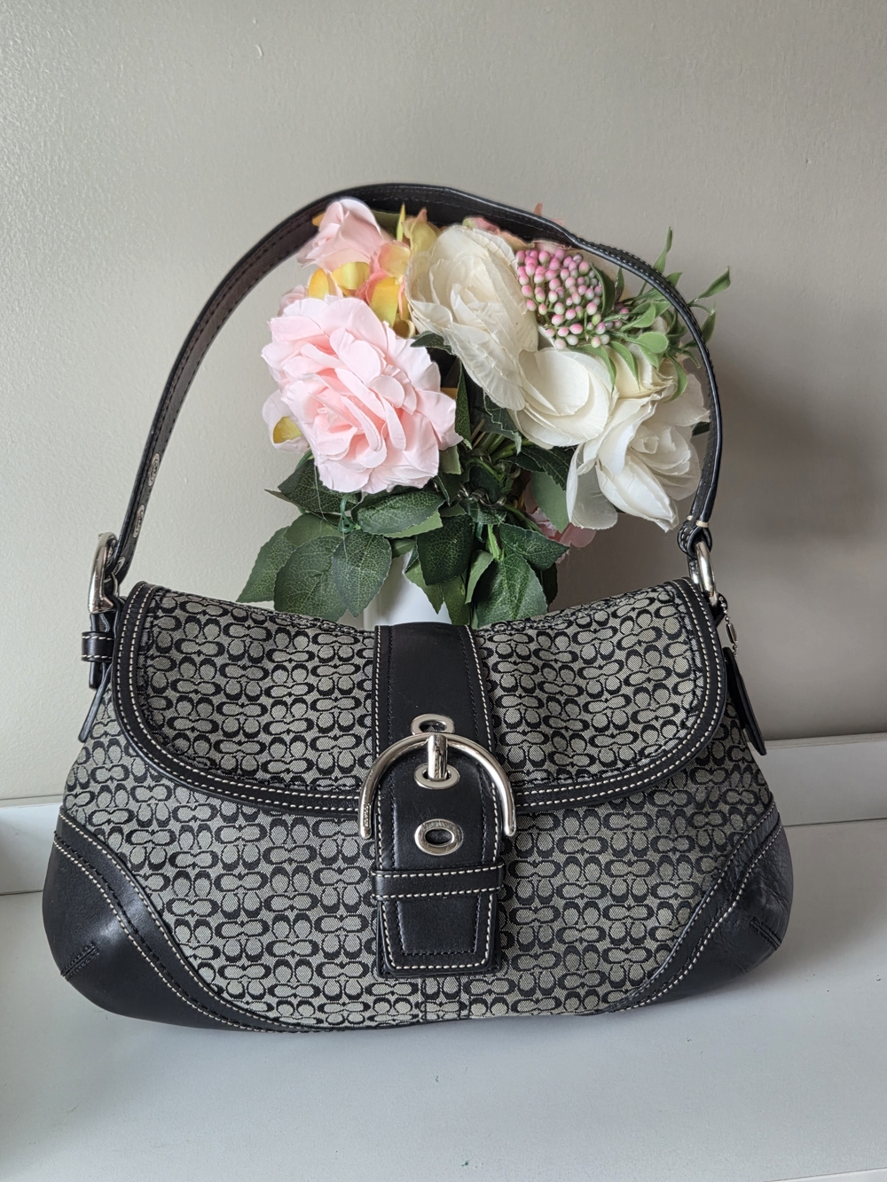 Vintage Coach Signature Canvas Shoulder Bag in Black/Gray